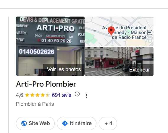 Capture de la fiche Google Arti-Pro Plombier : note de 4,6 sur 5 et 691 avis